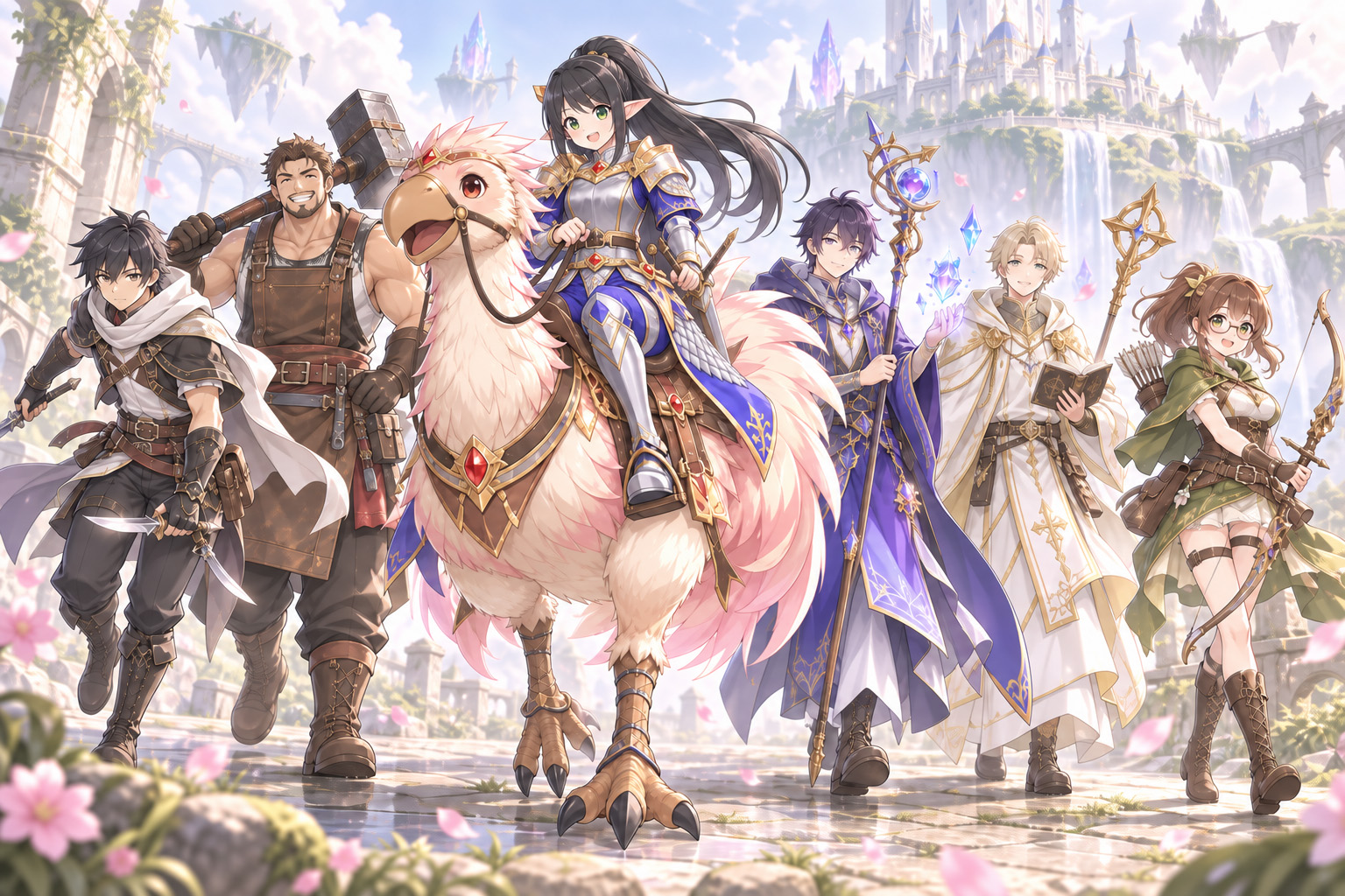 Mana Bellum สวมชุด Knight ขี่นกสีชมพู พร้อมปาร์ตี้ชายสี่คนต่างคลาส และ Tophy นักธนูหญิงใส่แว่น